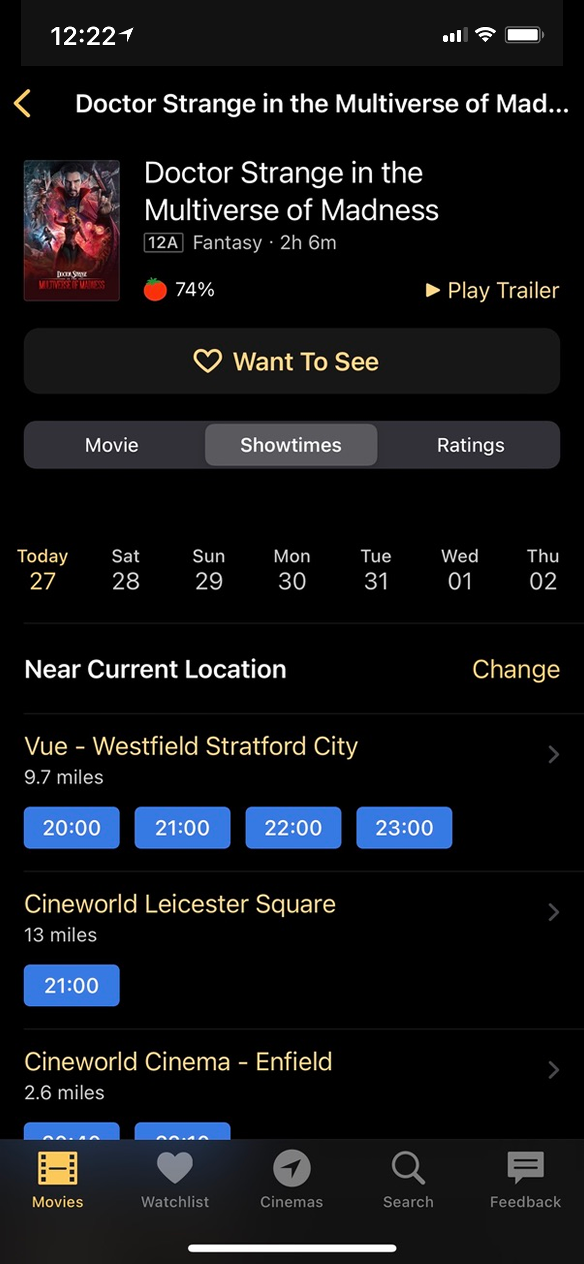 Cinemap movie showtimes screen